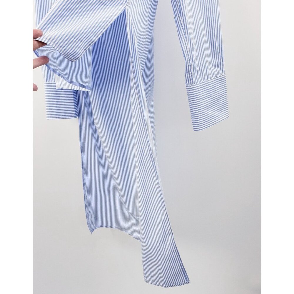 L'Academie High Low Popover Shirt Women M Blue White Stripe Long Tail Hook Front - Picture 3 of 9